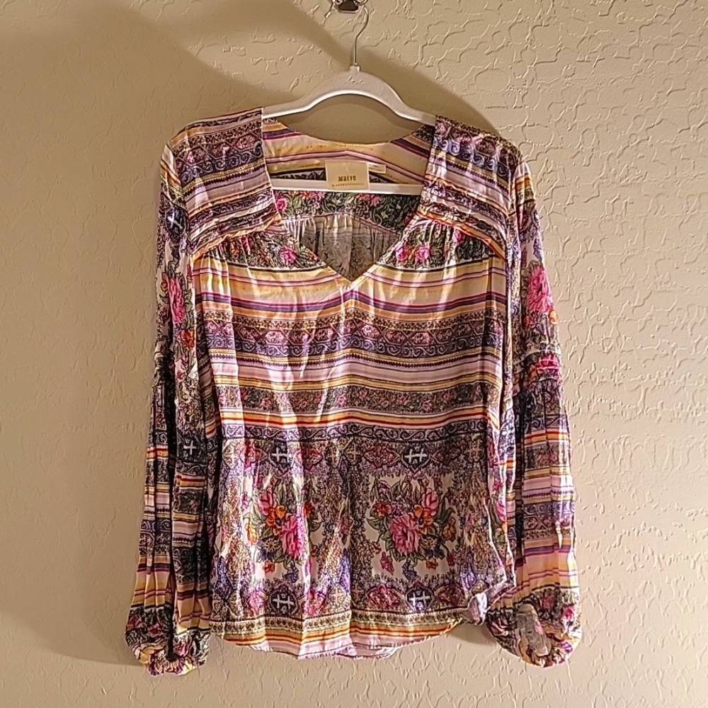 Maeve Anthropologiel Floral & Stripes  Ruffle long sleeve Blouse - size small